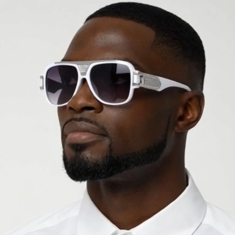 Men Oversized Sunglasses bold modern thick‎ white frame striking silver hardware